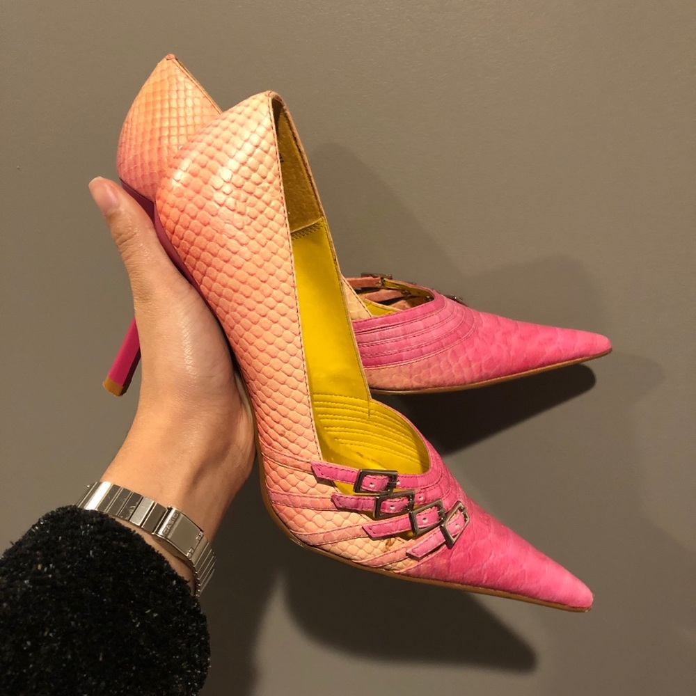 pink python pointy stilettos